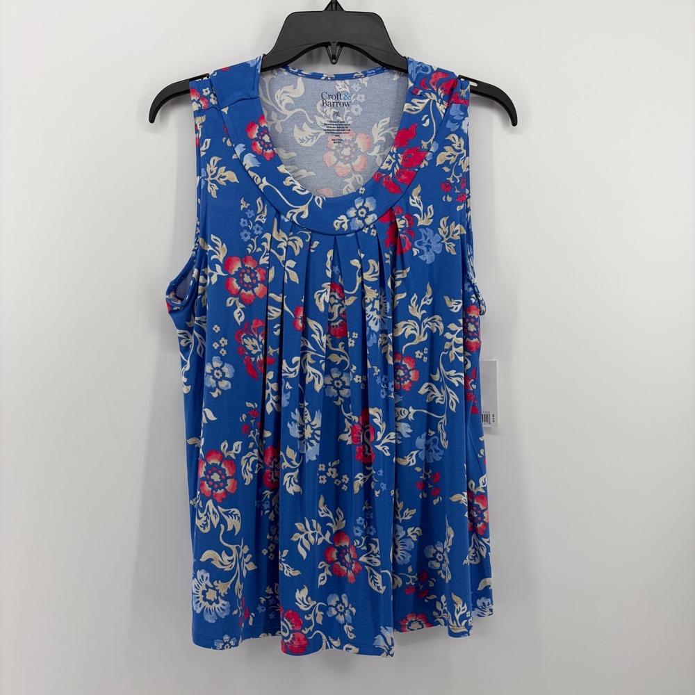 Croft & Barrow Womens PXL Blue Floral Sleeveless Pleated Scoop Neck Knit Top NWT